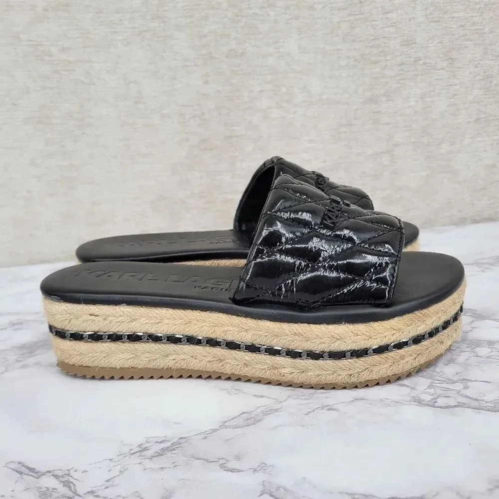 Karl Lagerfeld Kamara Black Quilted Platform Slide Sandals Jute Espadrilles